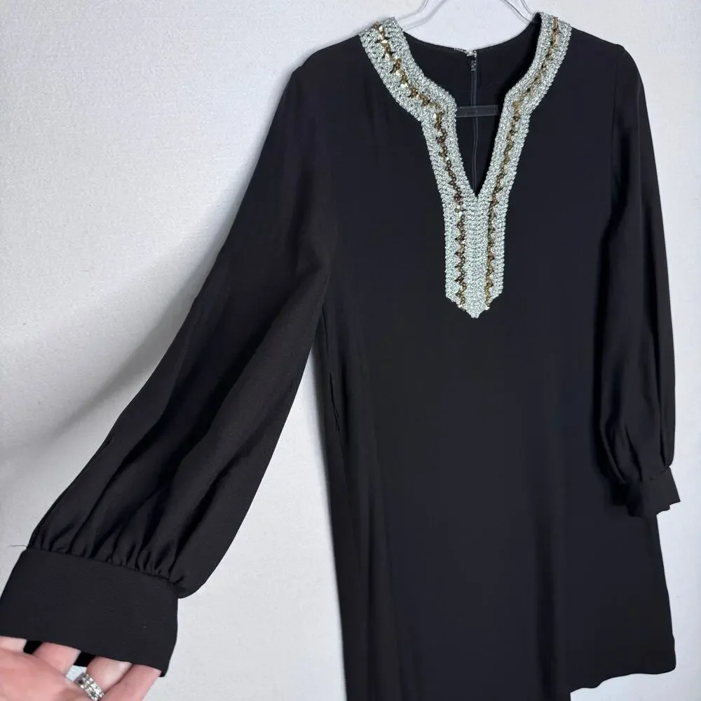 Vintage Black Silver Metallic Sequin Neck Shift A-Line Dress Cocktail M